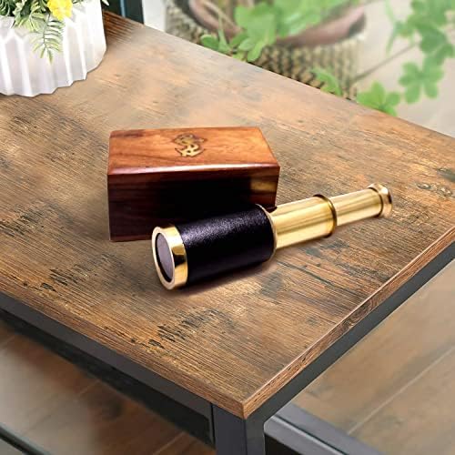 Benzara Small Brass Telescope with Wooden Box