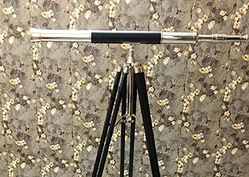 Nautical Brass Telescope with Black Leather Wrap and Wooden Tripod