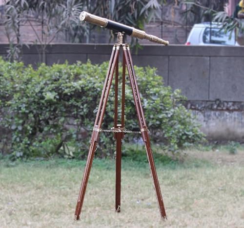 Antique Telescope Black Leather with Wooden Stand and Tripod Decor