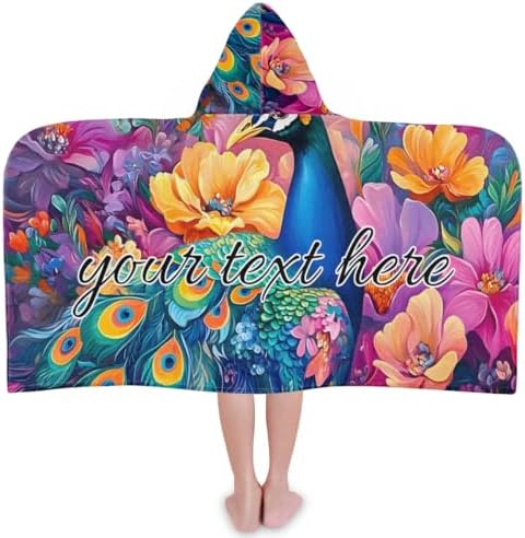 Personalized Kids Beach Towel with Hood Blue Peacock Design