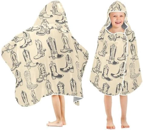 Kids Beach Towel Soft Hooded Poncho with Cowboy Boots Print