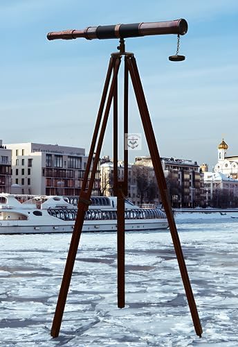 Nautical Antique Brass Telescope With Wooden Tripod