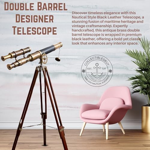 Nautical Double Barrel Brass Telescope with Wooden Tripod