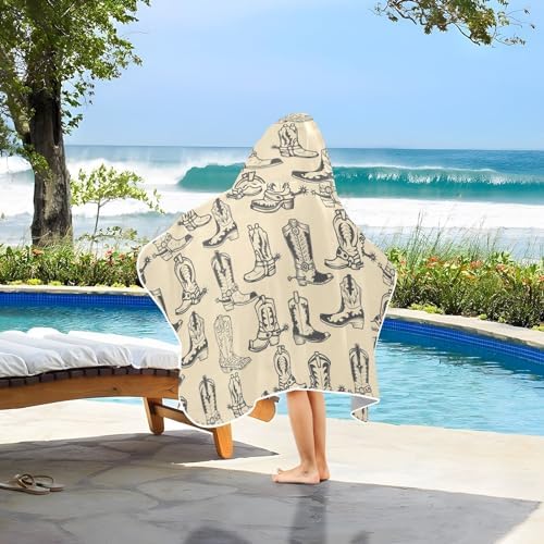 Kids Beach Towel Soft Hooded Poncho with Cowboy Boots Print