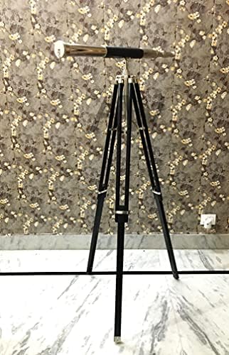 Nautical Brass Telescope with Black Leather Wrap and Wooden Tripod
