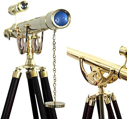 Shiny Brass Telescope with Wooden Tripod Stand