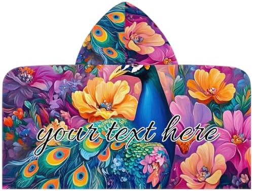 Personalized Kids Beach Towel with Hood Blue Peacock Design