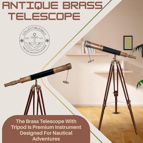Antique Telescope with Black Leather and Wooden Tripod