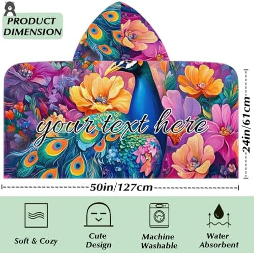 Personalized Kids Beach Towel with Hood Blue Peacock Design