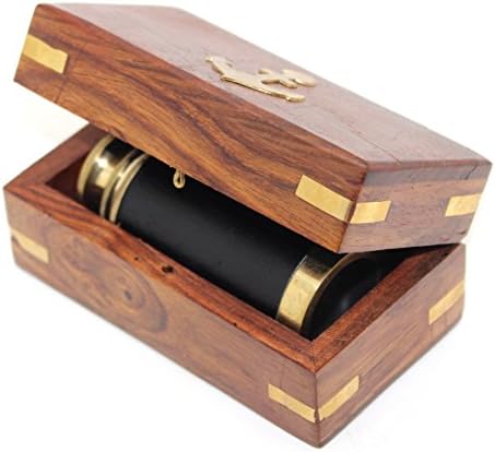 Govinda 6 Inch Nautical Brass and Leather Spyglass Telescope with Rosewood Box