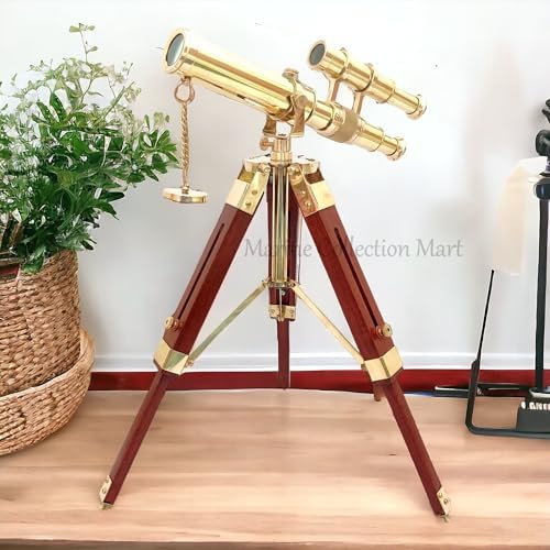 Vintage Nautical Brass Telescope with Wooden Tripod