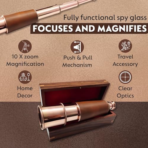 18 Inches Antique Brass Telescope with Engraved Wooden Box