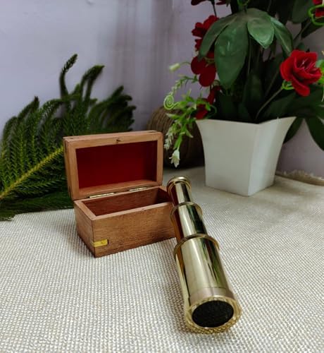 6 Inch Brass Mini Telescope with Wooden Box Pirate Spyglass